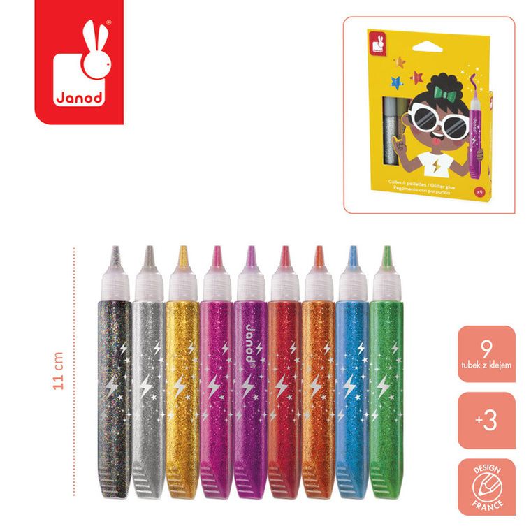 Janod, klej z brokatem, w tubkach, 9 kolorów