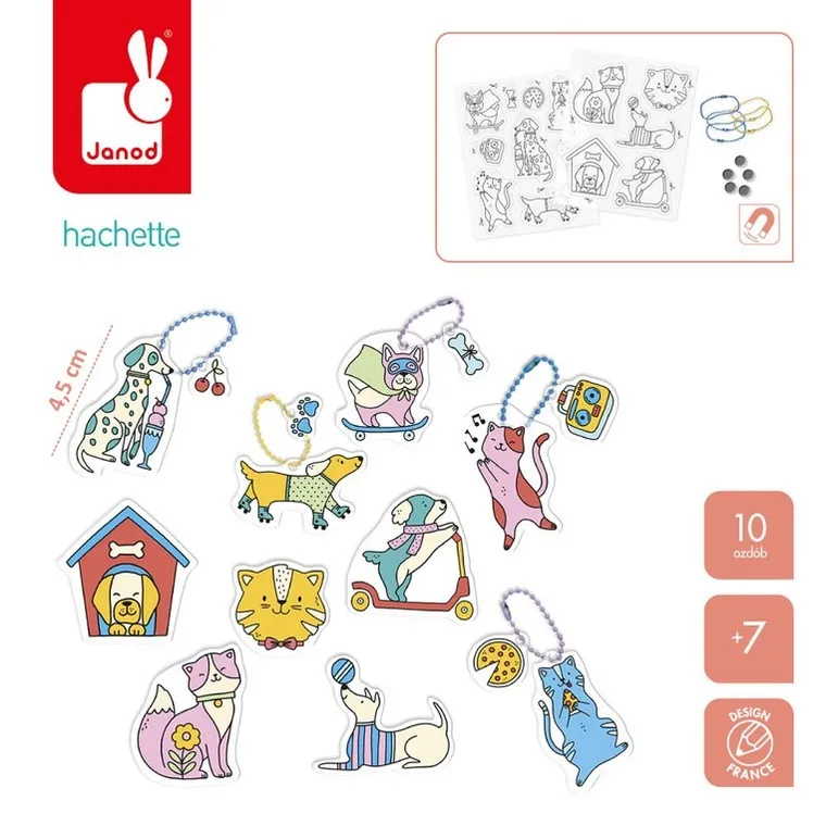 Janod, Koty i psy, ozdoby z termokurczliwego plastiku, 10 szt.