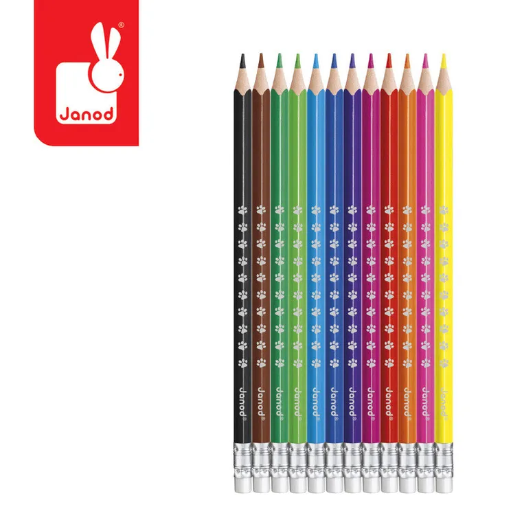 Janod, kredki ołówkowe zmazywalne, z gumką, 12 kolorów