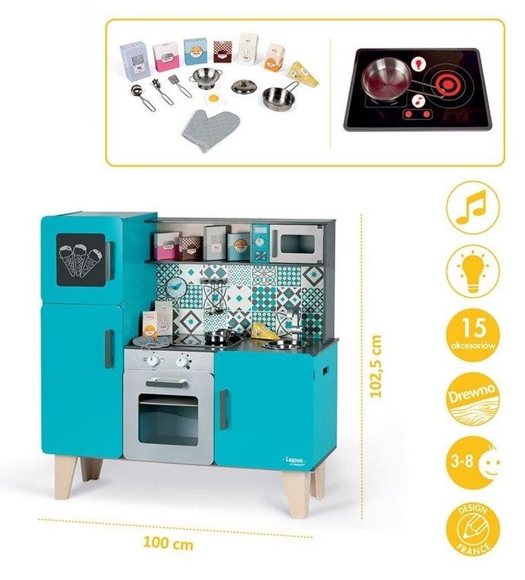 Janod, Lagoon, kuchnia drewniana XL, z dźwiękiem i 15 akcesoriami