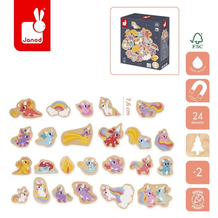 Janod, magnesy drewniane, jednorożce i smoki, 24 szt.