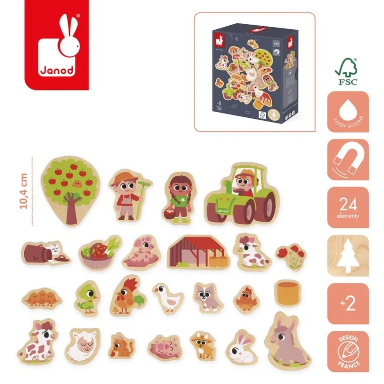 Janod, magnesy drewniane, na farmie, 24 szt.