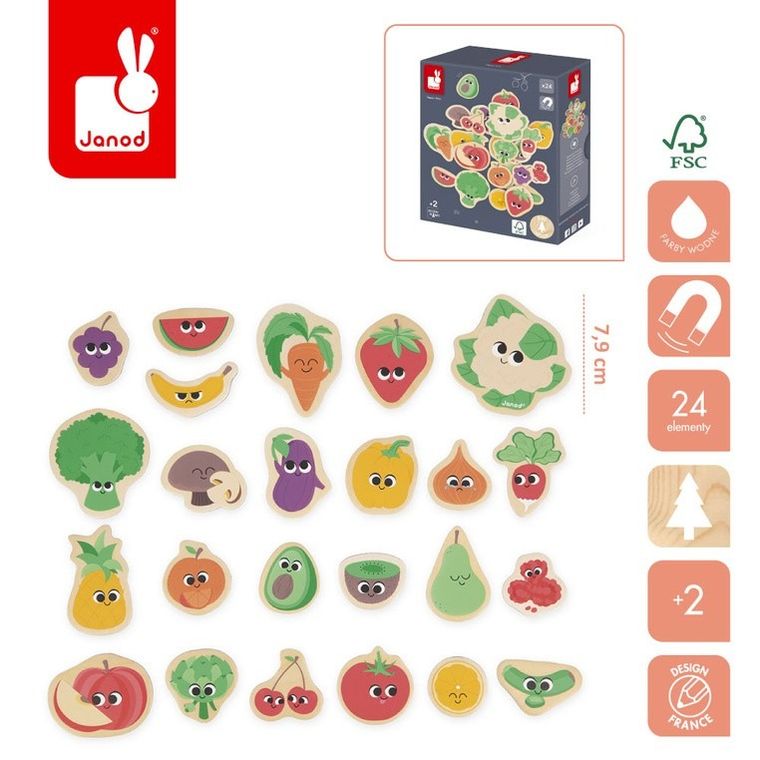 Janod, magnesy drewniane, owoce i warzywa, 24 szt.