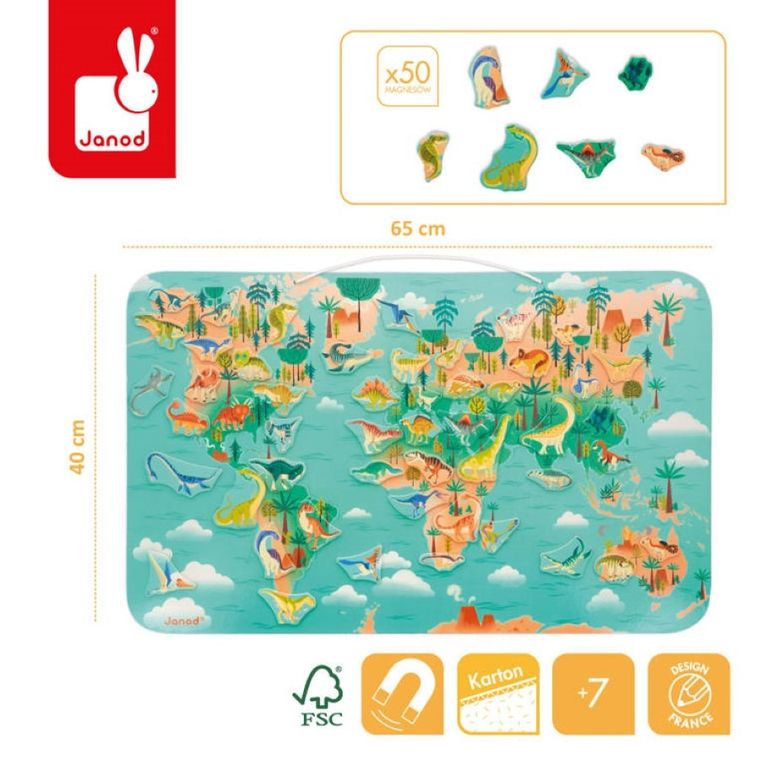 Janod, mapa świata, drewniana układanka magnetyczna, dinozaury, 50 magnesów