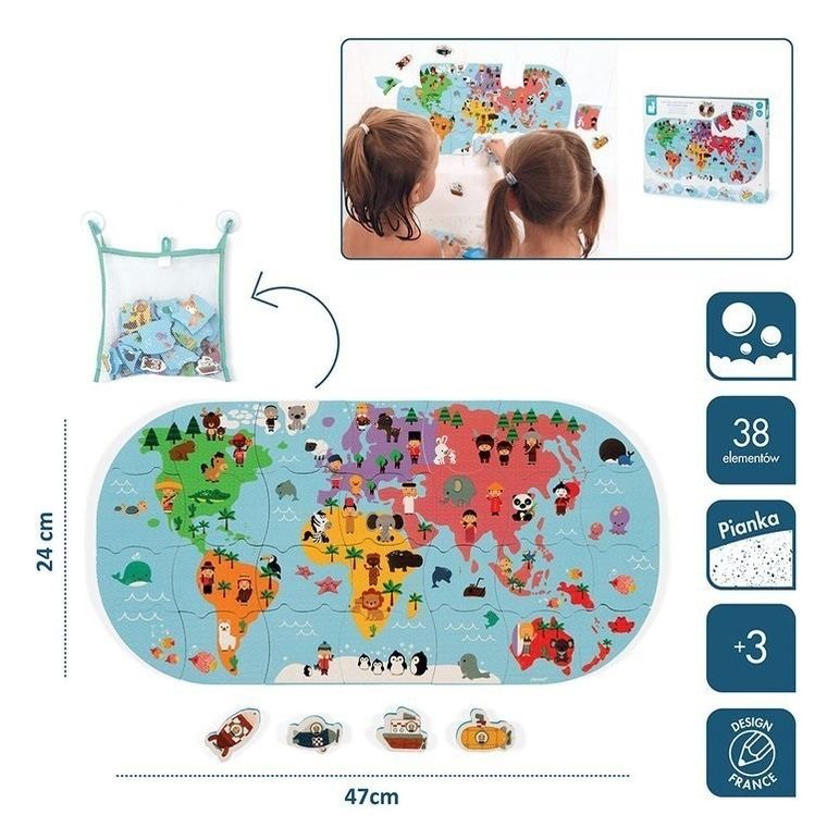 Janod, Mapa świata, puzzle do kąpieli, 28 elementów