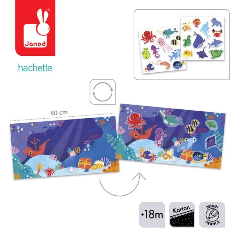 Janod, My arts & crafts, zestaw kreatywny, grube naklejki wielokrotnego użytku, ocean