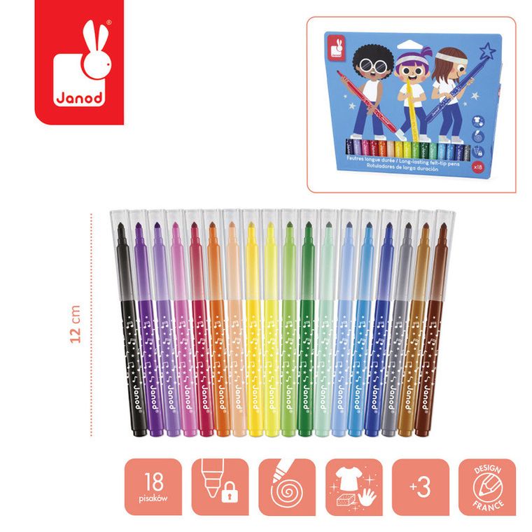 Janod, pisaki z filcową końcówką, flamastry, 18 kolorów