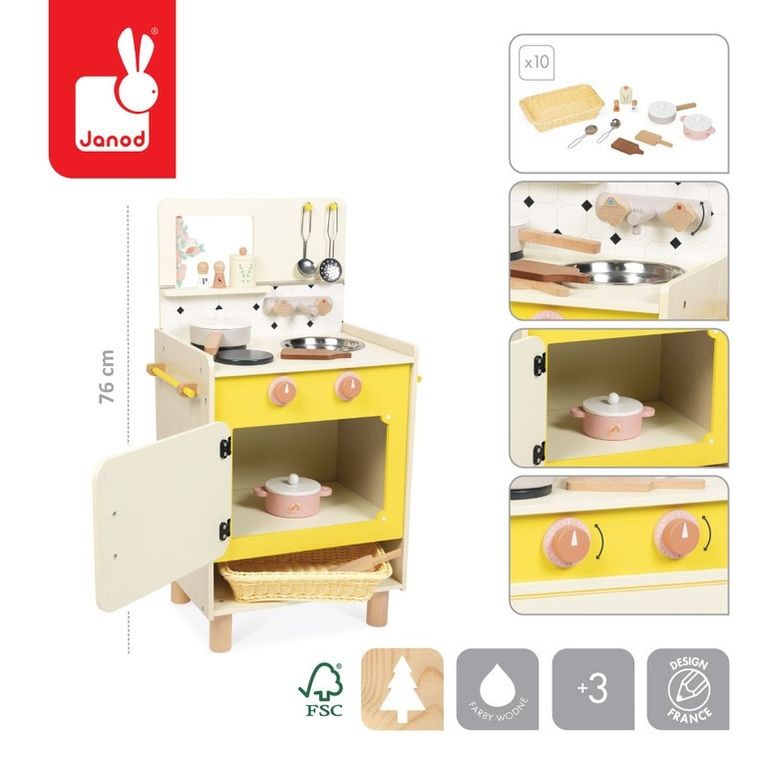 Janod, Shiny Grandma, drewniana kuchnia z 10 akcesoriami