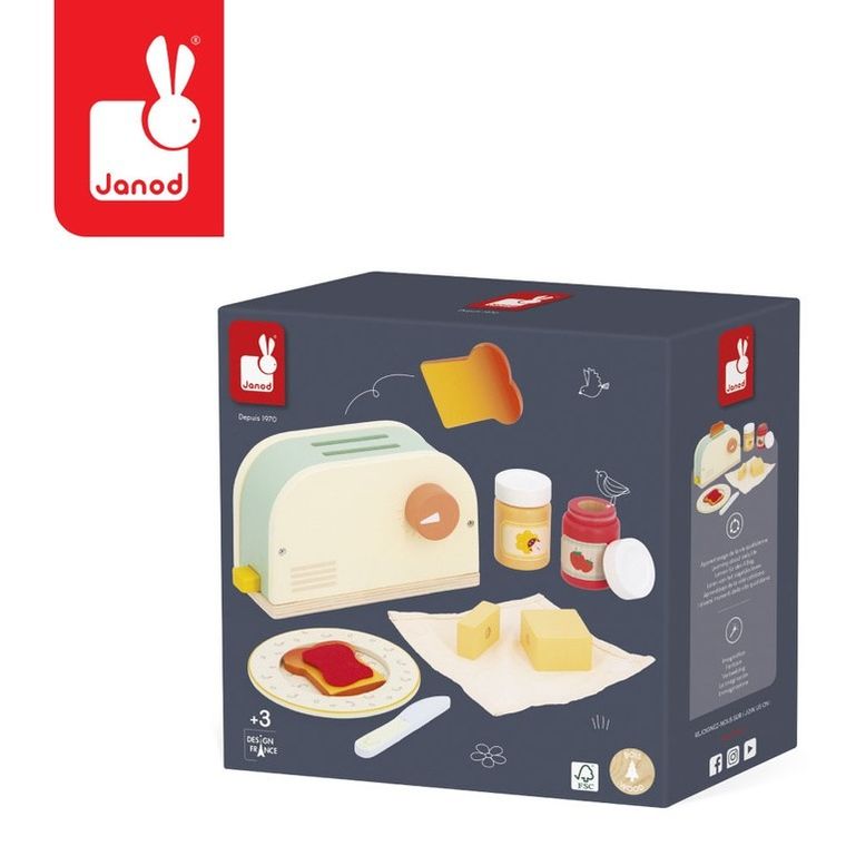 Janod, Shiny Grandma, drewniany zestaw śniadaniowy z tosterem i 12 akcesoriami