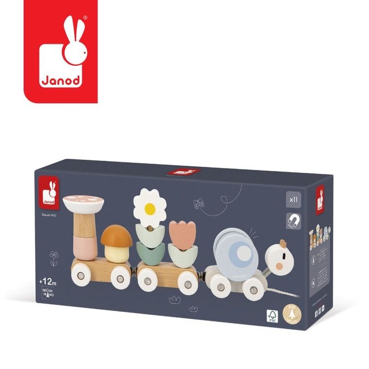 Janod, Sweet Cocoon, Ślimak, magnetyczny pociąg z klockami i grzechotką do ciągnięcia