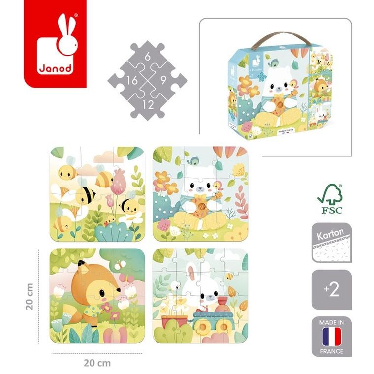 Janod, Zwierzątka Pure, puzzle progresywne w walizce, 4 układanki, 43 elementy