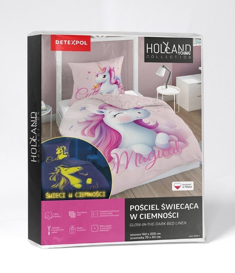 Jednorożec, 2-częściowy komplet pościeli bawełnianej, świecąca w ciemności, 160-200 cm