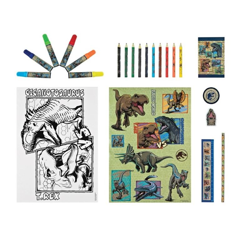 Jurassic World, zestaw przyborów szkolnych z kolorowankami, 35 elementów