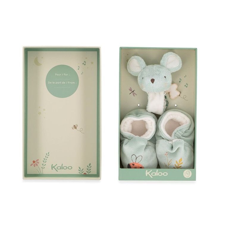 Kaloo, Petites Chansons, Myszka, zestaw prezentowy 2w1, grzechotka + buciki
