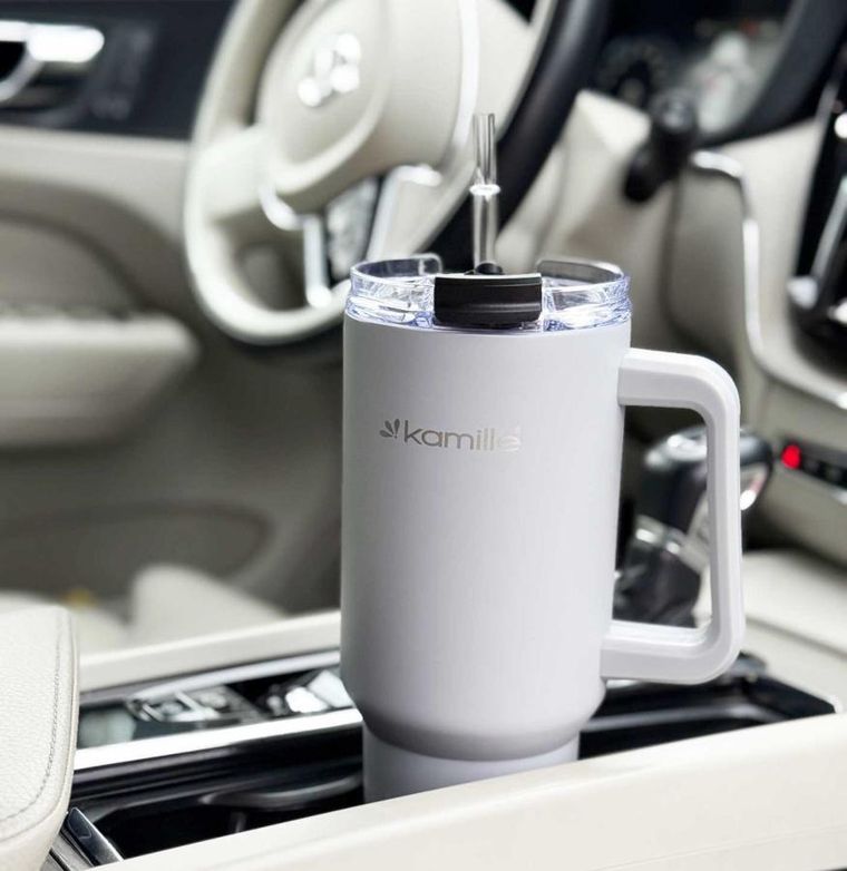 Kamille, stalowy kubek termiczny, termos, 1200 ml, z rączką i słomką