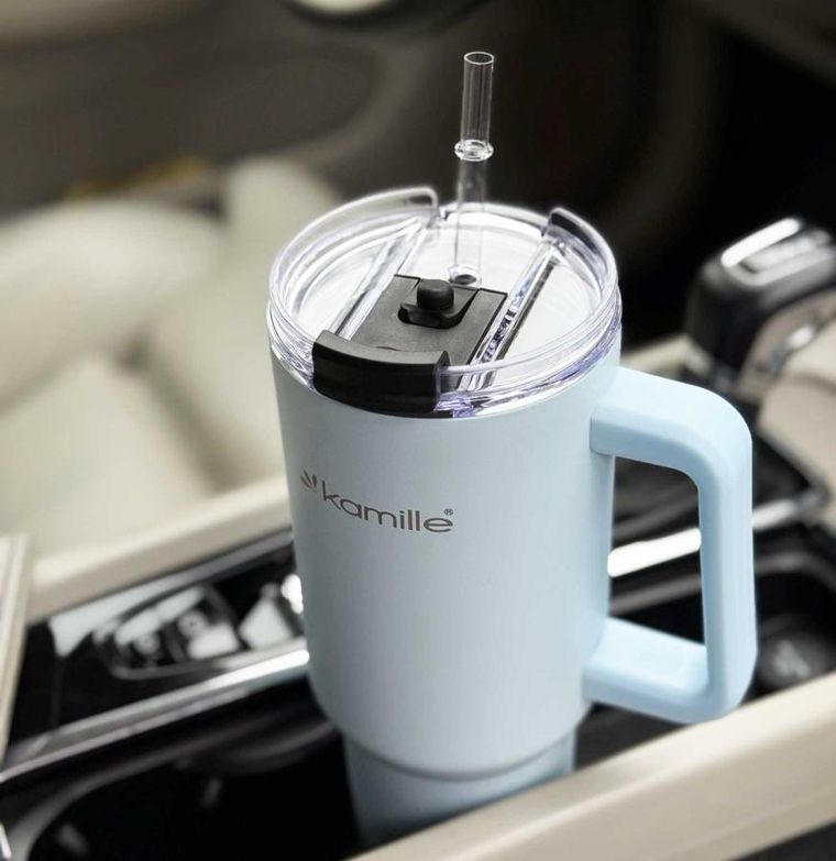 Kamille, stalowy kubek termiczny, termos, 1200 ml, z rączką i słomką