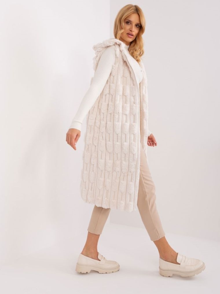 Kamizelka damska z kapturem, ecru, Italy Moda