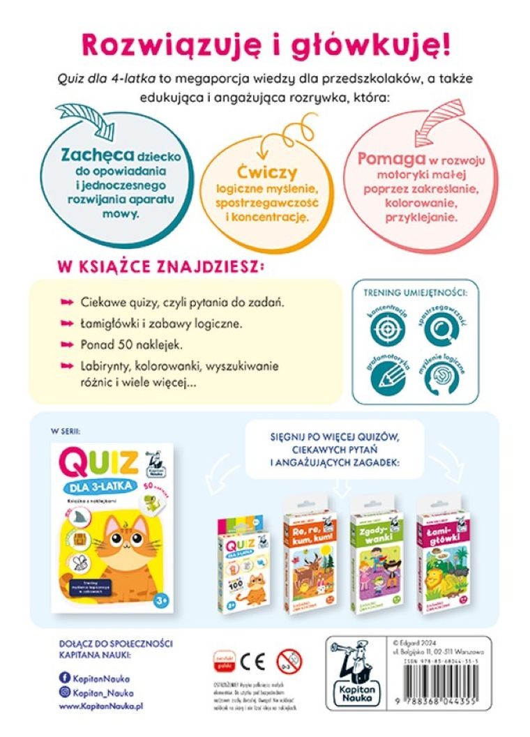 Kapitan Nauka. Quiz dla 4-latka. Książka z naklejkami