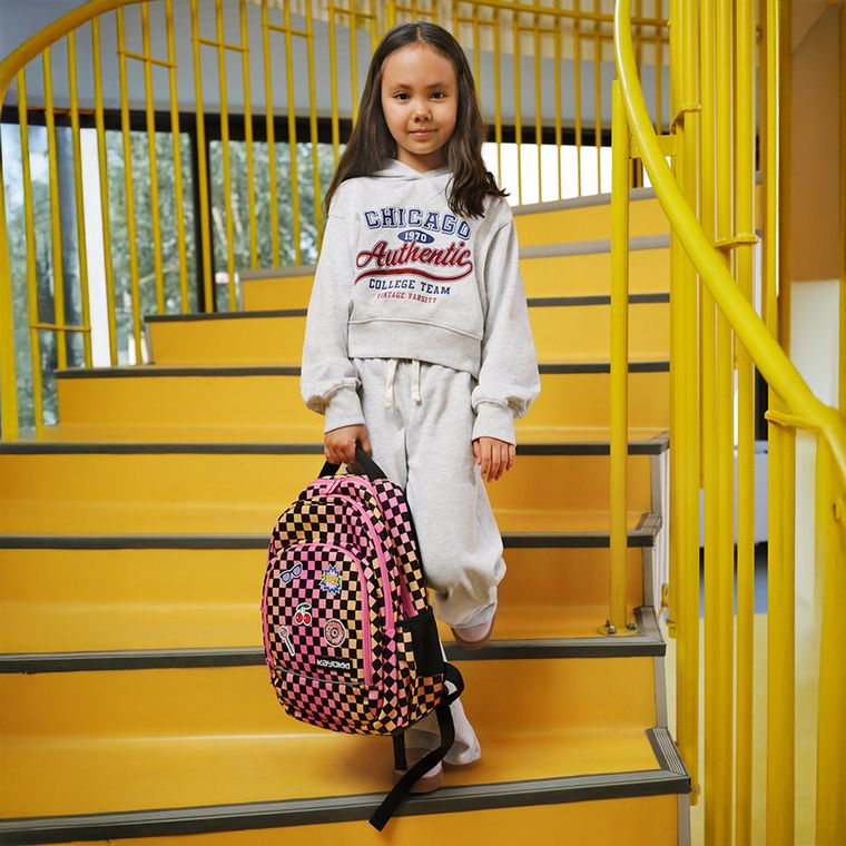 Kayokki, plecak szkolny, 2-komorowy, Szachownica różowo-pomarańczowa