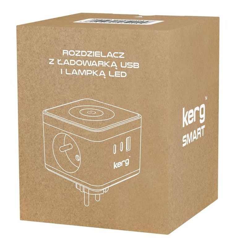 Kerg, kostka zasilająca 2-gniazdowa + ładowarka USB-A+USB-C + lampka LED 16A/250V