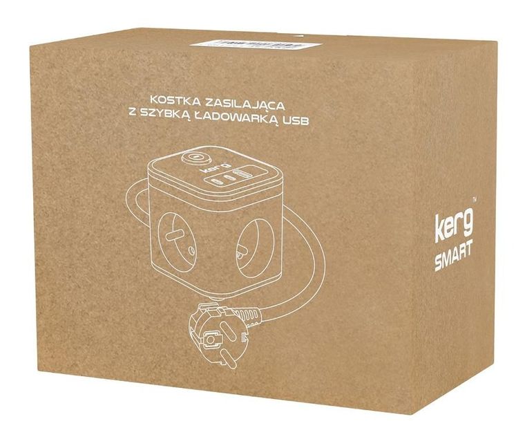 Kerg, Smart, kostka zasilająca, 3 gniazdowa, szybka ładowarka USB-A,C, 16A/250V, 1,5m H05VV-F