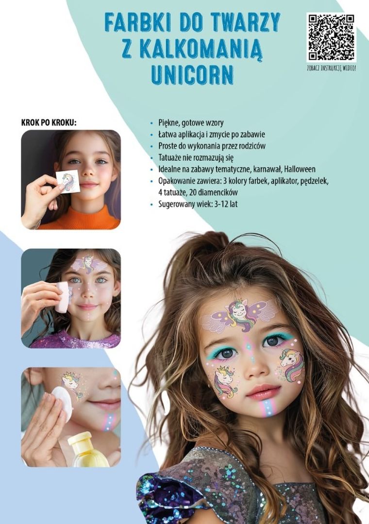 Kidea, farby do twarzy, zestaw z tatuażami, jednorożce