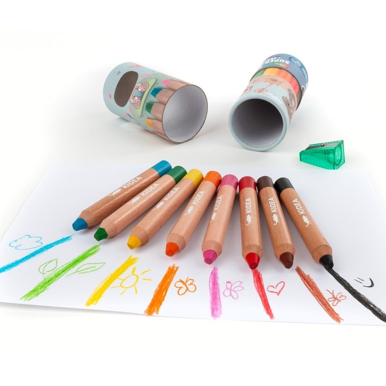 Kidea, Kredki Super Jumbo, 8 kolorów, zestaw z temperówką