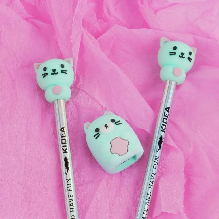 Kidea, ołówki HB z temperówką i figurką, kotek, 2 szt.