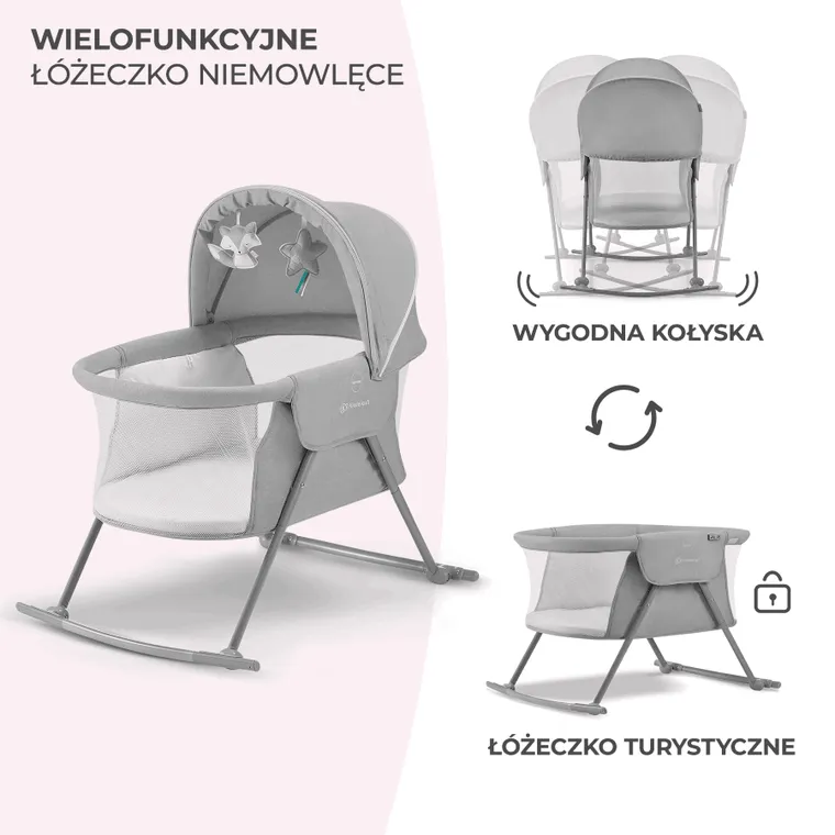 Kinderkraft, Lovi, leżaczek-kołyska 3w1, szara