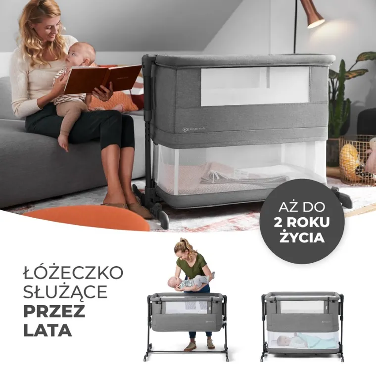 Kinderkraft, Neste Grow, łóżeczko dostawne, light grey, full wood