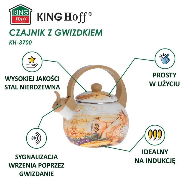 Kinghoff, czajnik emaliowany z gwizdkiem, 2l, KH-3700