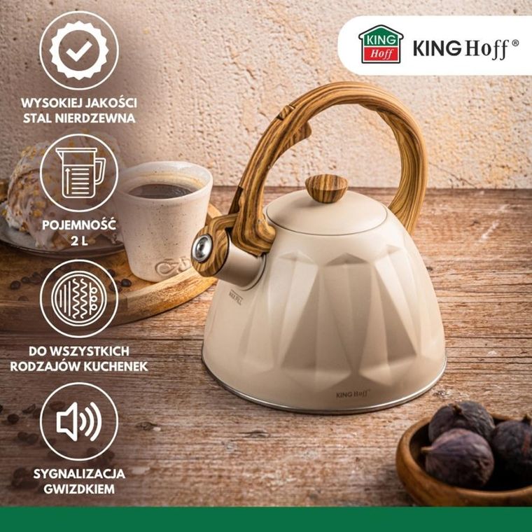 Kinghoff, czajnik z gwizdkiem, beżowy mat, 2l, kh-1998