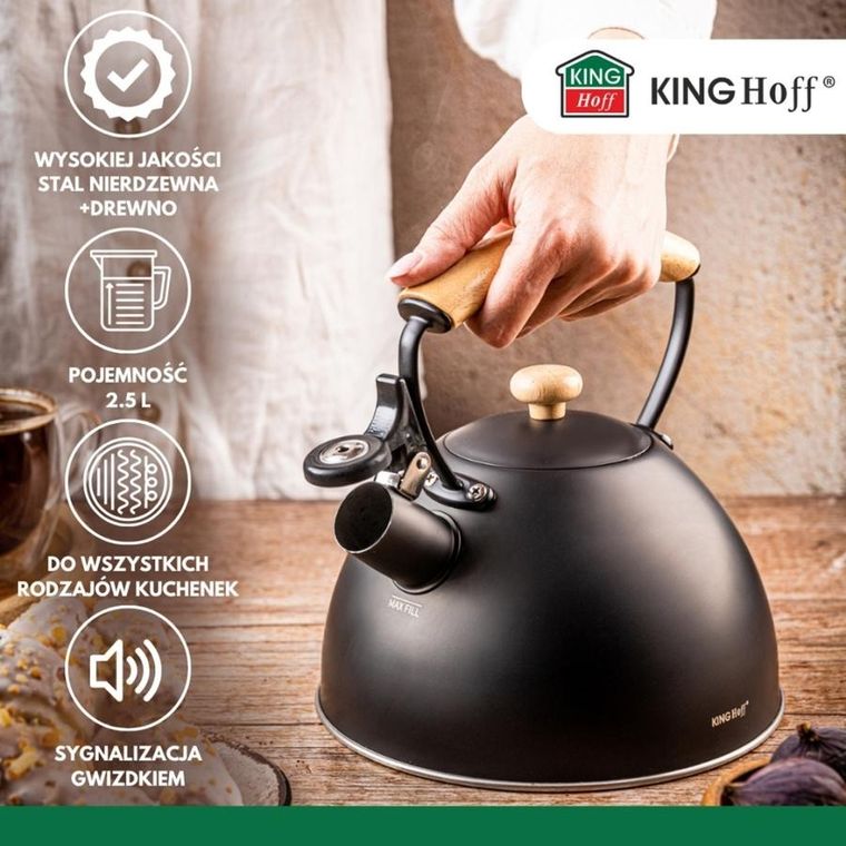 Kinghoff, czajnik z gwizdkiem, czarny mat, 2,5l, kh-1999