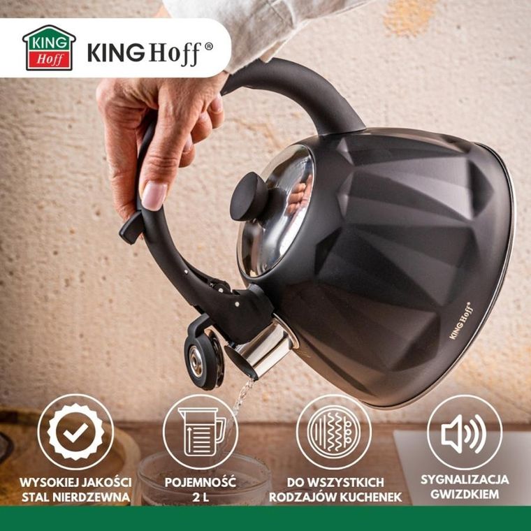 Kinghoff, czajnik z gwizdkiem, czarny mat, 2l, kh-1997