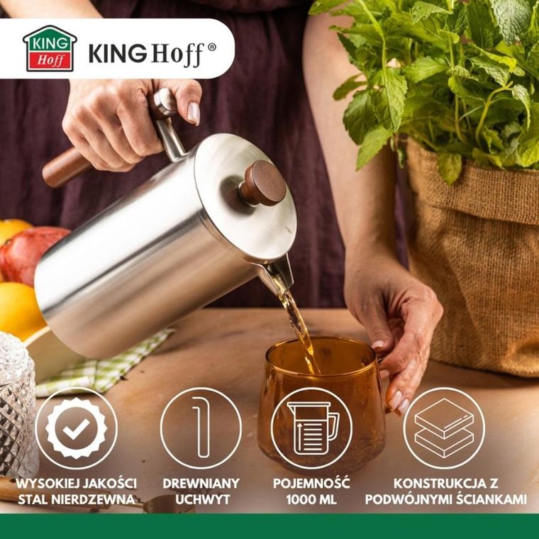 Kinghoff, stalowy zaparzacz tłokowy do kawy, herbaty, 1l, kh-1995