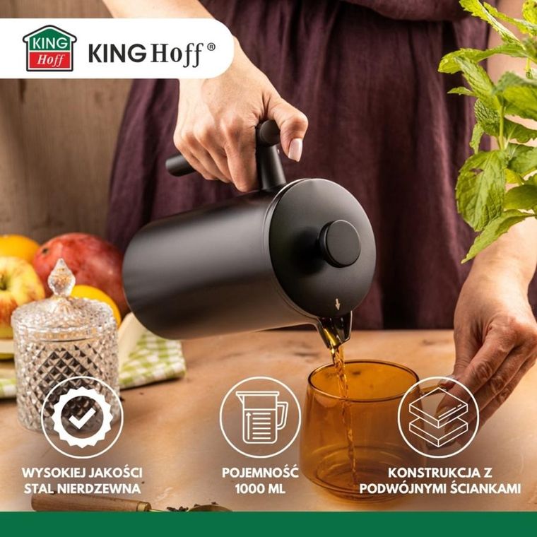 Kinghoff, stalowy zaparzacz tłokowy do kawy, herbaty, 1l, kh-1996