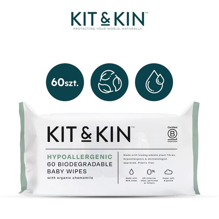 Kit and Kin, biodegradowalne bezzapachowe chusteczki wodne, 60 szt.