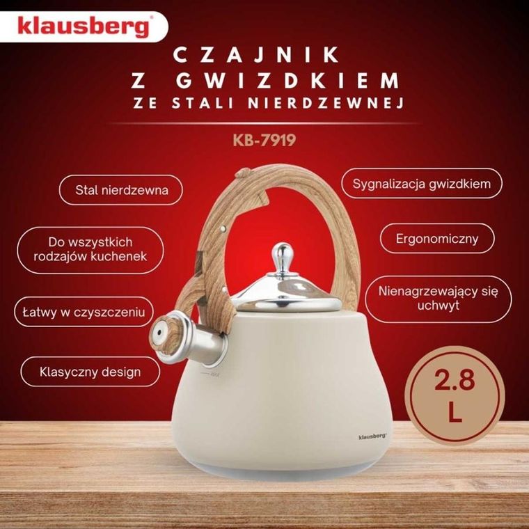 Klausberg, czajnik stalowy z gwizdkiem, 2,8l, KB-7919