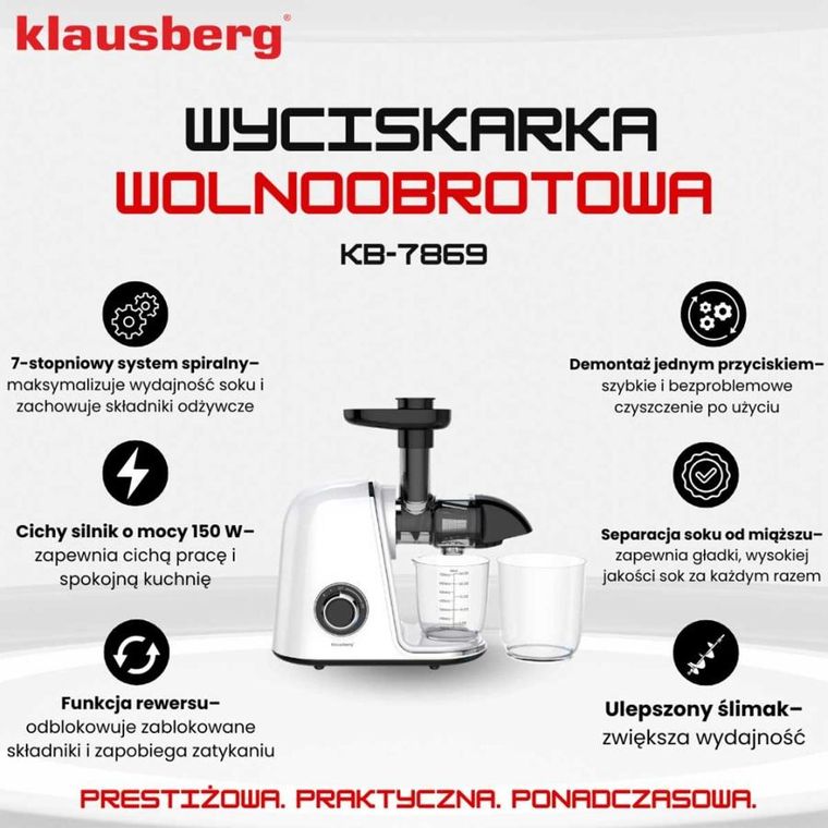 Klausberg, sokowirówka, wyciskarka wolnoobrotowa, biała, KB-7869