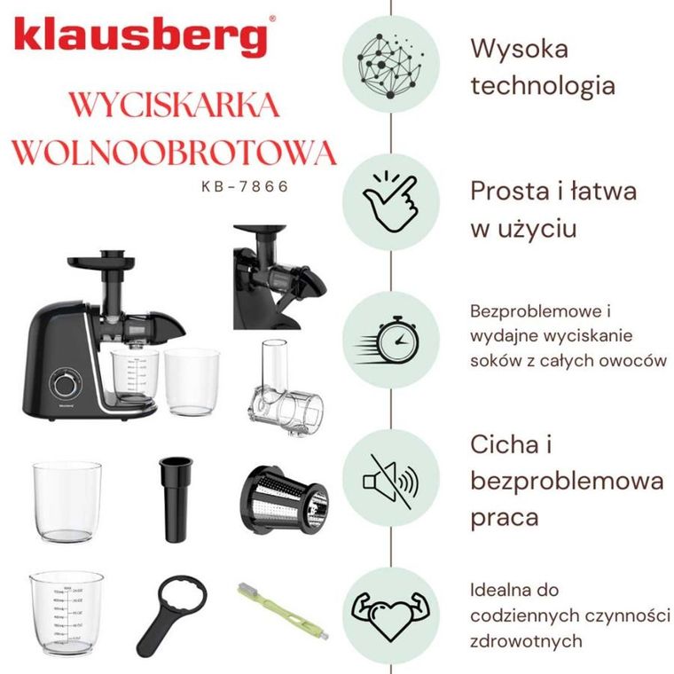 Klausberg, sokowirówka, wyciskarka wolnoobrotowa, czarna, KB-7866