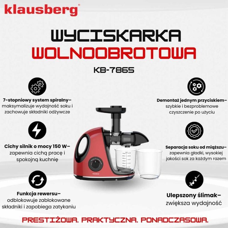 Klausberg, sokowirówka, wyciskarka wolnoobrotowa, czerwona, KB-7865