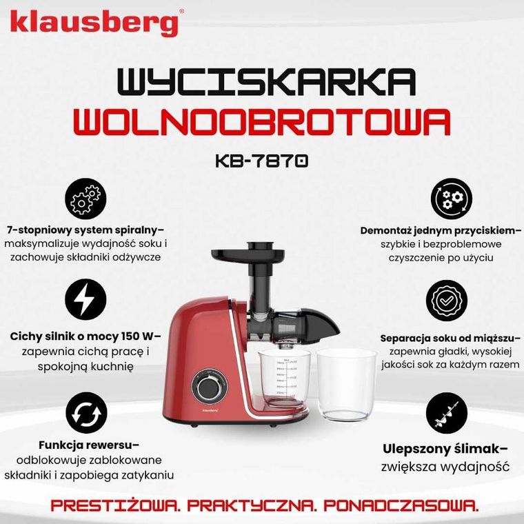 Klausberg, sokowirówka, wyciskarka wolnoobrotowa, czerwona, KB-7870