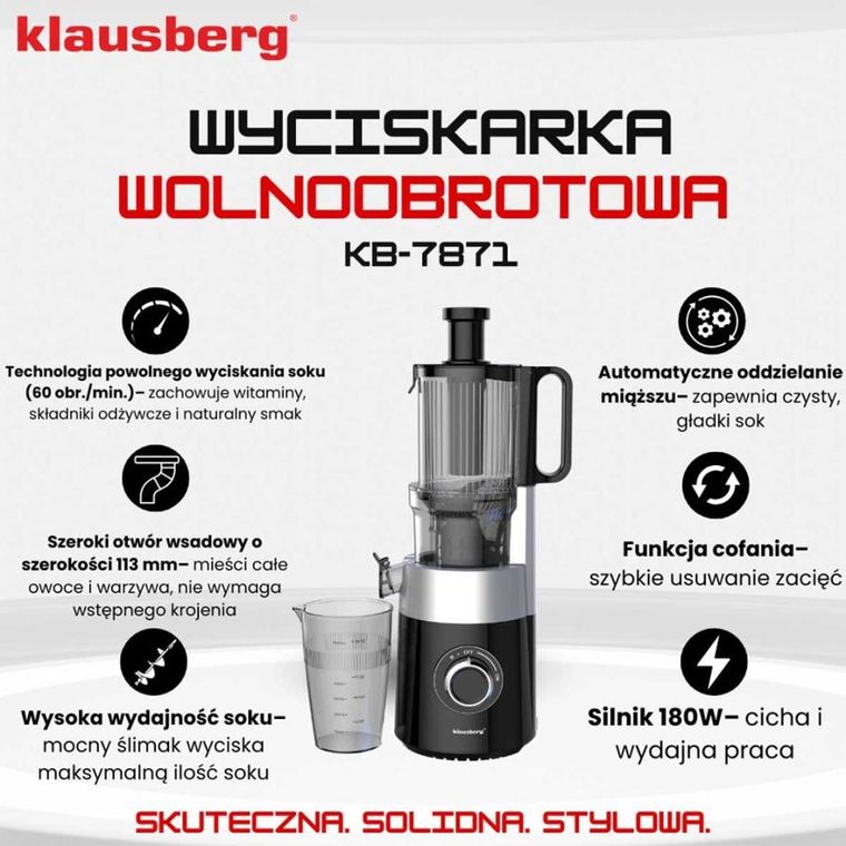 Klausberg, sokowirówka, wyciskarka wolnoobrotowa, pionowa, czarna, KB-7871
