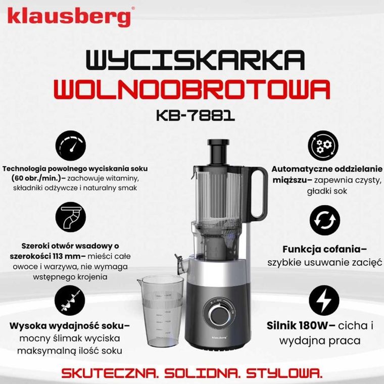 Klausberg, sokowirówka, wyciskarka wolnoobrotowa, pionowa, czarna, KB-7881