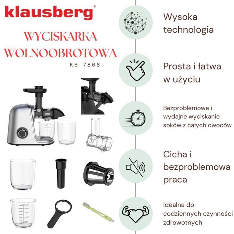 Klausberg, sokowirówka, wyciskarka wolnoobrotowa, srebrna, KB-7868