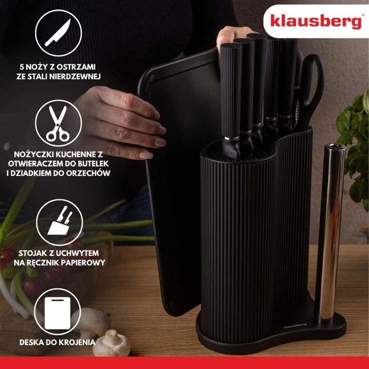 Klausberg, zestaw noży w stojaku z deską i chwytem na ręcznik, kb-7977