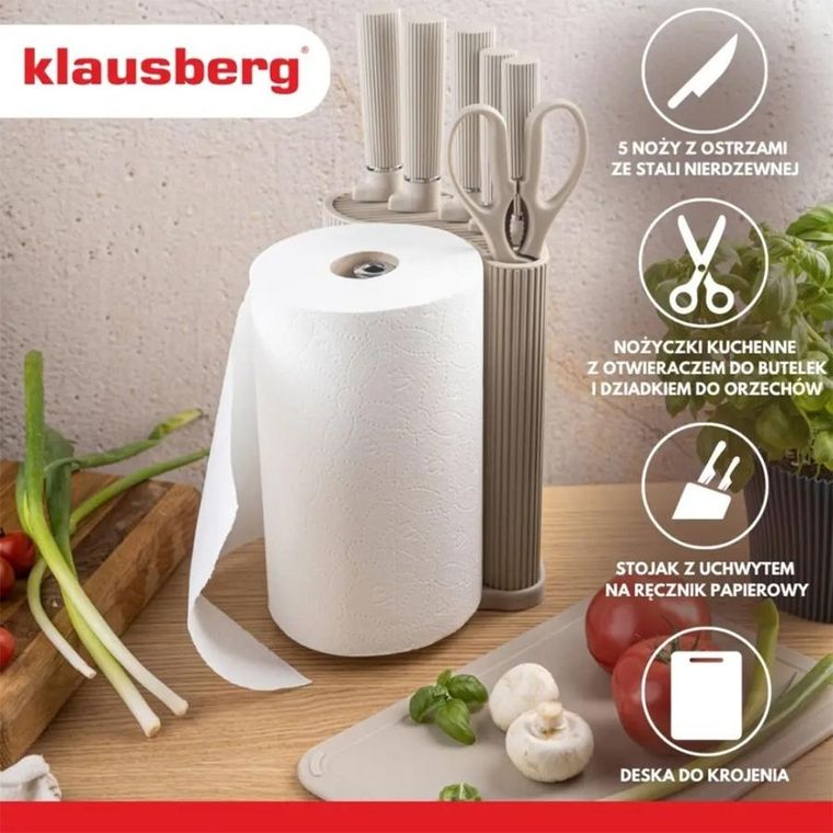 Klausberg, zestaw noży w stojaku z deską i chwytem na ręcznik, kb-7978