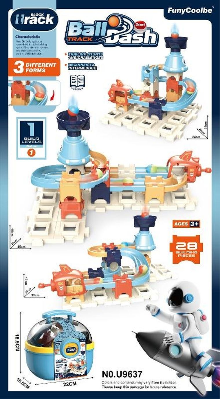 Klocki konstrukcyjne, tor kulkowy, 28 elementów