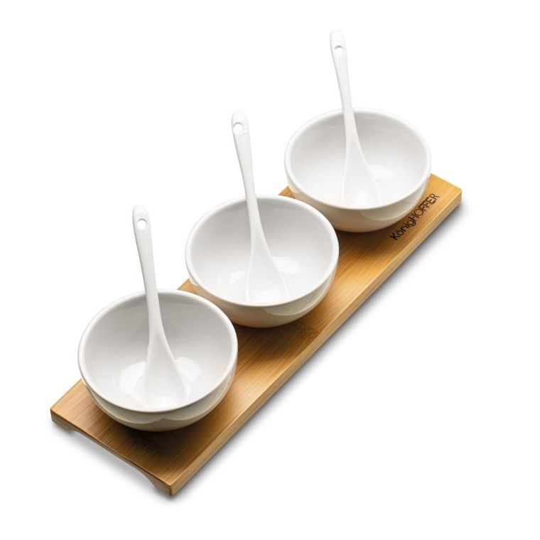 Könighoffer, miseczki do dipów na desce bambusowej z łyżeczkami, biały połysk, 3-150 ml