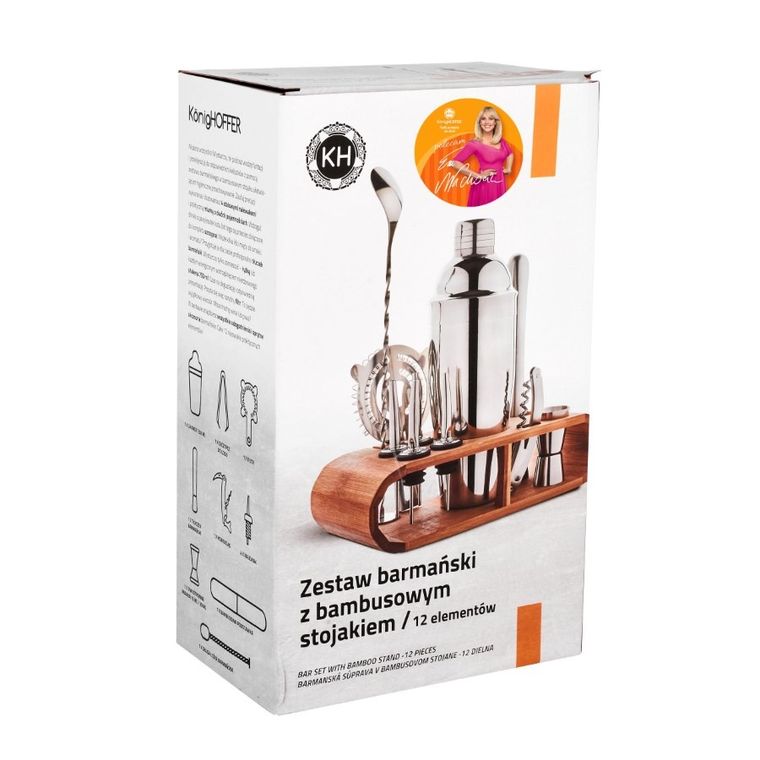 Könighoffer, zestaw barmański ze stojakiem bambusowym, 12 elementów
